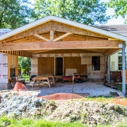 construction phase of outdoor living room and fireplace