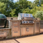 outdoor grilling and beverage center on a deck