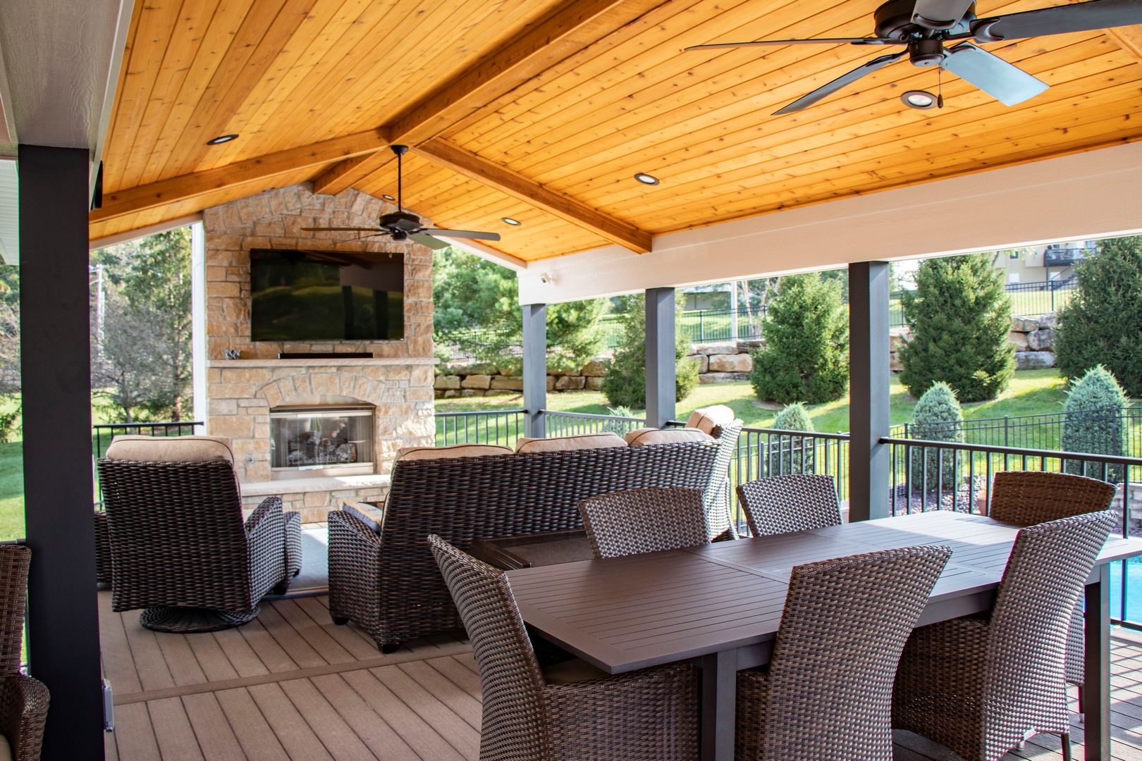 adding outdoor dining spaces next to a fireplace can help increase comfort during cooler seasons