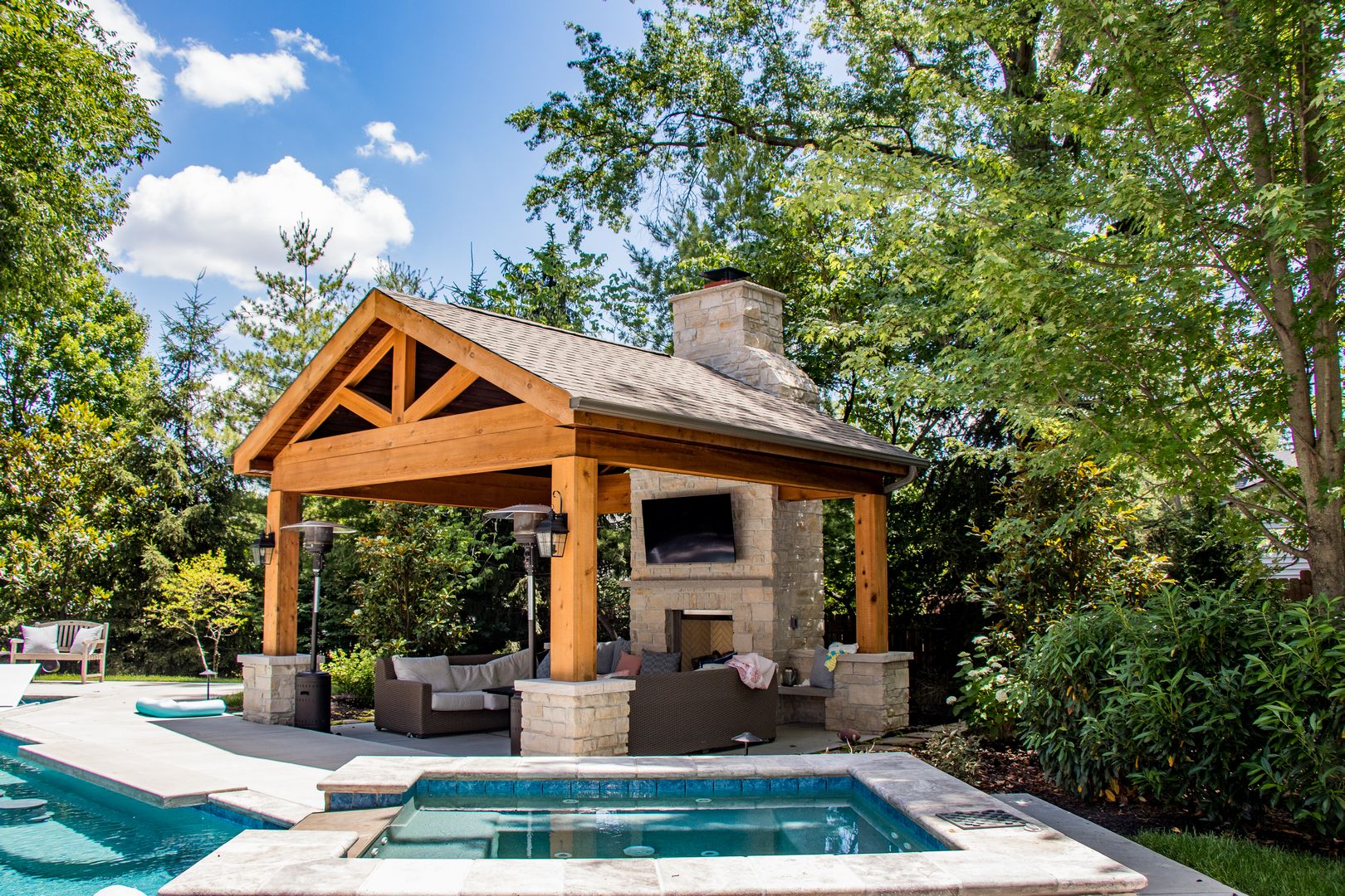 beautiful outdoor room with fireplace