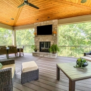 screen room with fireplace