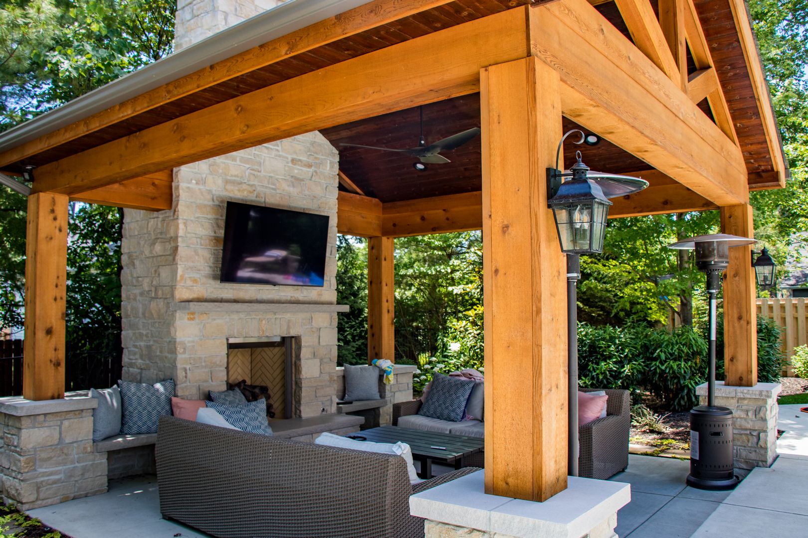 pool-side room with fireplace