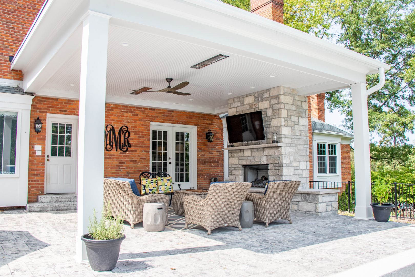 covered pool side patio with fireplace