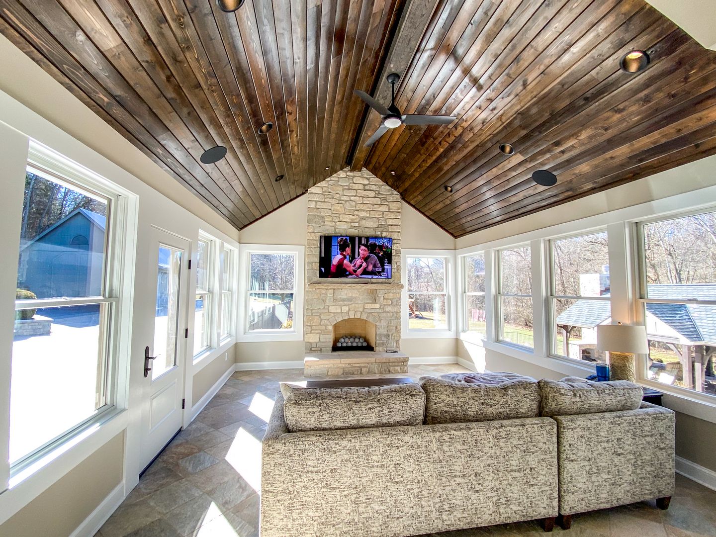 Custom stained ceiling to match shutters